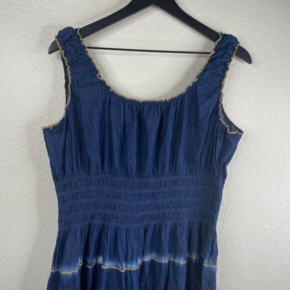 Indigo & Lace Dress Women's Smocked Midi Tiered Denim Blue 1X Boho Country - Picture 10 of 13